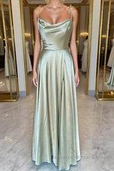 Open Back Sage Satin Long Semi Formal Prom Dresses with High Slit, Long Sage Formal Graduation Evening Dresses