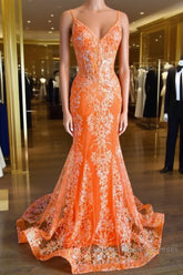 Orange Mermaid Spaghetti Straps Sequins Applique Long Semi Formal Prom Dress Tulle Evening Dress