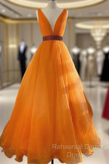 Orange Tulle Plunge Neck Ball Gown