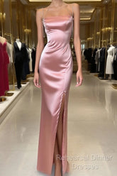 Peach Pink Diamond Spaghetti Strap Satin Bodycon Ball Dress