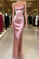 Peach Pink Diamond Spaghetti Strap Satin Bodycon Ball Dress