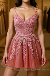 Pink A-line Double Straps V Neck Lace-Up Applique Mini Homecoming Dresses