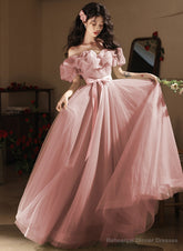 Pink A-line Off Shoulder Tulle Party Dress, Pink Tulle Prom Dress