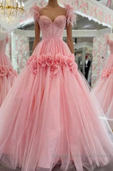 Pink A-Line Off The Shoulder Lace Tulle Long Semi Formal Prom Dress, Sweet 16 Dress