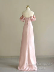 Pink A-Line Satin Long Semi Formal Prom Dress, Off Shoulder Pink Long Evening Dress