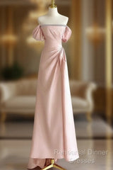 Pink A-Line Satin Long Semi Formal Prom Dress, Off Shoulder Pink Long Evening Dress