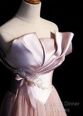 Pink A-Line Strapless Satin Tulle Long Semi Formal Prom Dress Graduation Semi Formal Prom Birthday Dress