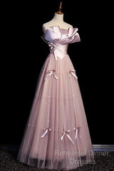 Pink A-Line Strapless Satin Tulle Long Semi Formal Prom Dress Graduation Semi Formal Prom Birthday Dress