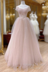 Pink A-Line Tulle Beaded Off Shoulder Long Party Dress, Pink Tulle Semi Formal Prom Dress