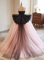 Pink And Black Lace Tulle Ball Gown Sweet 16 Dress, Pink And Black Long Formal Dress
