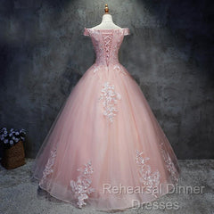 Pink Cap Sleeves Ball Gown Tulle With Lace Sweet 16 Semi Formal Prom Dresses, Long Quinceanera Dresses