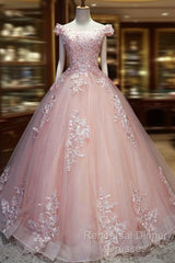 Pink Cap Sleeves Ball Gown Tulle With Lace Sweet 16 Semi Formal Prom Dresses, Long Quinceanera Dresses