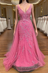 Pink Corset Semi Formal Prom Dresses Elegnat A Line Deep V Neck Party Evening Dresses with Appliques