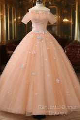 Pink Flowers Tulle Off Shoulder Party Dress, Pink Tulle Sweet 16 Dress