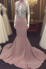 Pink High Neck Long Evening Prom Dress For Teens, Evening Dress