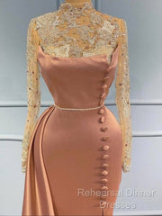 Pink High Neck Long Sleeves Sheer Beading Semi Formal Prom Formal Dress