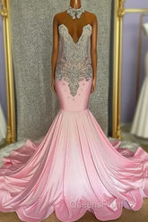 Pink High Neck Mermaid Beading Satin Evening Prom Dress