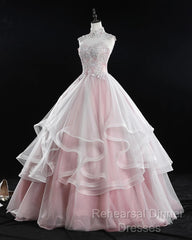 Pink High Neck Tulle Lace Long Semi Formal Prom Dress, Pink Sweet 16 Gown