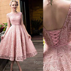 Pink Lace Tea Length Formal Dress, Beautiful Pink Semi Formal Prom Dresses, Lovely Party Dresses