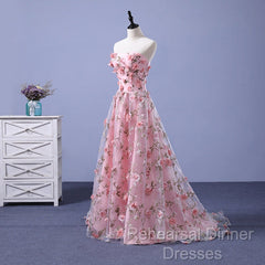 Pink Long A-Line Flowers Evening Dress, Pink Party Dress Semi Formal Prom Dress