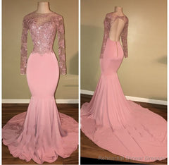 Pink Long-Sleeves Backless Beaded Mermaid Charming Prom Dresses