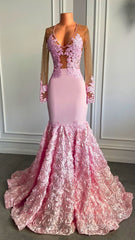 Pink Long Sleeves Lace Semi Formal Prom Dresses Mermaid Tulle Evening Formal Gown