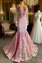 Pink Long Sleeves Lace Semi Formal Prom Dresses Mermaid Tulle Evening Formal Gown