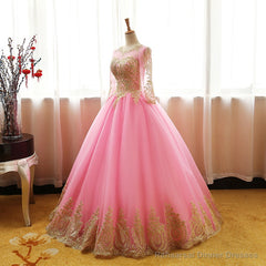 Pink Long Sleeves Tulle Round Neckline Sweet 16 Dresses, Pink Formal Gown