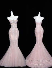 Pink Mermaid Strapless Tulle Diamond Long Semi Formal Prom Dress Sweet Wedding Dress Formal Dress