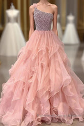 Pink Semi Formal Prom Dresses A Line One Shoulder Long Party Evening Dresses with Beading Ruffles