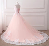 Pink Puffy Ball Gown Princess Sweetheart Tulle Formal Dress With White Lace Semi Formal Prom Dress