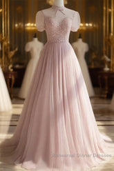 Pink Round Neck Tulle Sequin Long Semi Formal Prom Dress Formal Dress Short Sleeves December Wedding Guest Dress