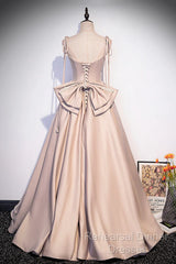 Pink Satin Long A-Line Semi Formal Prom Dress, Pink Spaghetti Straps Party Dress With Bow