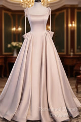 Pink Satin Long A-Line Semi Formal Prom Dress, Pink Spaghetti Straps Party Dress With Bow