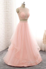 Pink See Through Tulle Beading Strapless Two Piece Semi Formal Prom Dress