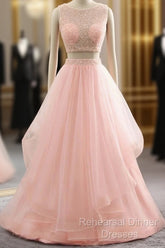 Pink See Through Tulle Beading Strapless Two Piece Semi Formal Prom Dress