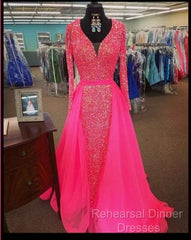 Pink Sequin Semi Formal Prom Dresses Long Sleeves V Neck Evening Gowns With Train