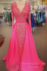 Pink Sequin Semi Formal Prom Dresses Long Sleeves V Neck Evening Gowns With Train