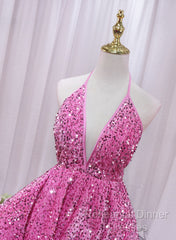 Pink Sequins Halter Backless Short Homecoming Dress, Pink Short Semi Formal Prom Dress