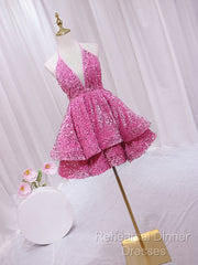 Pink Sequins Halter Backless Short Homecoming Dress, Pink Short Semi Formal Prom Dress
