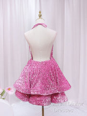 Pink Sequins Halter Backless Short Homecoming Dress, Pink Short Semi Formal Prom Dress