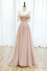 Pink Spaghetti Straps Lace Long Prom Dress, A-Line Evening Graduation Dress