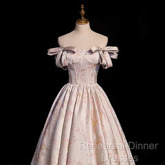 Pink Statin Off Shoulder Floral Long Party Dress, Pink Sweetheart Semi Formal Prom Dress Evening Dress