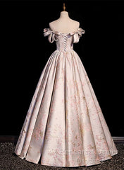 Pink Statin Off Shoulder Floral Long Party Dress, Pink Sweetheart Semi Formal Prom Dress Evening Dress