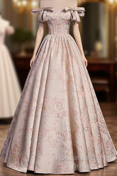 Pink Statin Off Shoulder Floral Long Party Dress, Pink Sweetheart Semi Formal Prom Dress Evening Dress