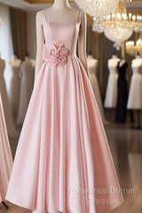 Pink Straps Sweetheart Long Satin Wedding Party Dress, Pink Formal Dress Semi Formal Prom Dress
