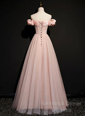 Pink Sweetheart Beaded Tulle Long Semi Formal Prom Dress, A-Line Pink Evening Dress