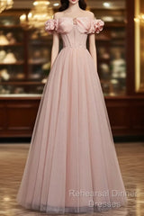 Pink Sweetheart Beaded Tulle Long Semi Formal Prom Dress, A-Line Pink Evening Dress