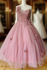 Pink Sweetheart Tulle Tea Length Semi Formal Prom Dress Bridesmaid Dress