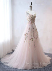 Pink Sweetheart Tulle With Lace Flowers Long Evening Dress, Pink Tulle Semi Formal Prom Dress